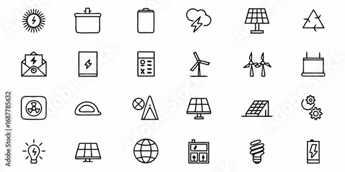 Illustration of renewable energy resources and related symbols in a simple line drawing style
