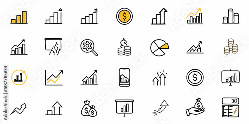 Illustration showing various financial and business growth icons including charts coins and money bags icons