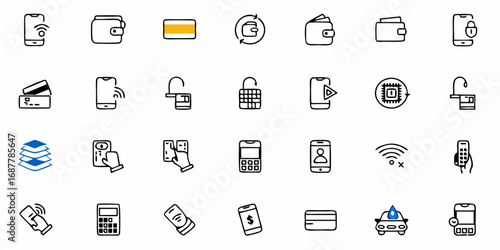 A collection of various finance and technology icons arranged in a grid pattern for visual representation