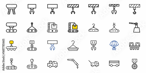 Collection of various industrial lifting equipment icons including cranes conveyors and robotic arms depicted
