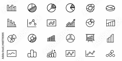 Illustration of various types of data charts including bar graphs and pie charts in a simple line style