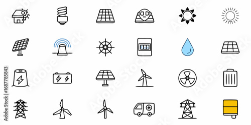 Illustration of various energy sources including solar panels wind turbines and electrical components icons
