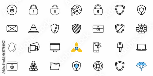 Collection of security icons including locks shields and other safety related symbols in a grid format