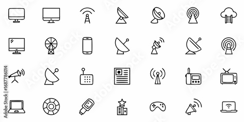 Illustration of various communication and technology icons in a simple black outline style arrayed neatly