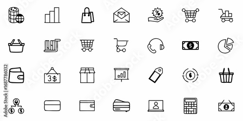Collection of various business and finance related icons including shopping carts and money symbols design