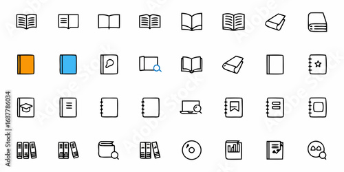 Collection of various book icons with different styles including open and closed books and notebooks too