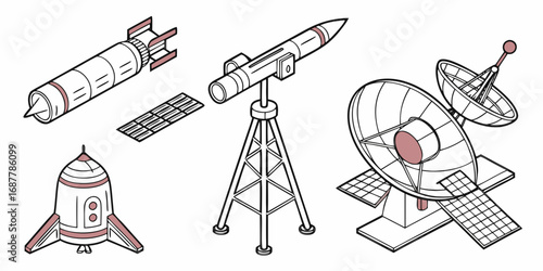 Illustration of rockets, a satellite dish, and a launchpad in a cartoon style drawing with a white background
