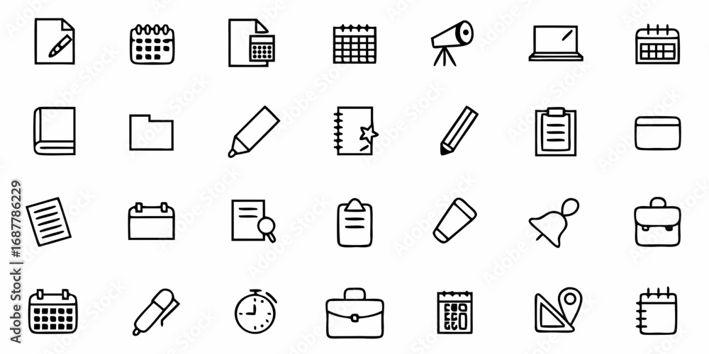 Fototapeta premium Collection of office and business icons including calendar, book, laptop, and writing tools line art