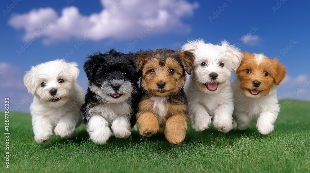Fototapeta premium Five adorable puppies are joyfully leaping across a lush green field with a bright blue sky above. Their playful expressions and fluffy fur showcase a lively outdoor setting