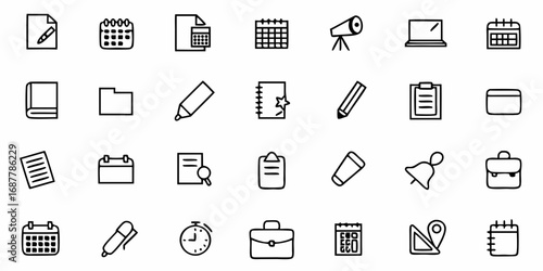 Collection of office and business icons including calendar, book, laptop, and writing tools line art
