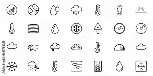 Collection of weather related icons including temperature, rain, snow, sun, wind and other elements