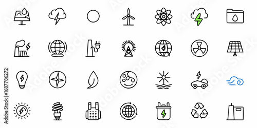 Collection of various energy and environment related icons including solar panels, wind turbines, and recycling