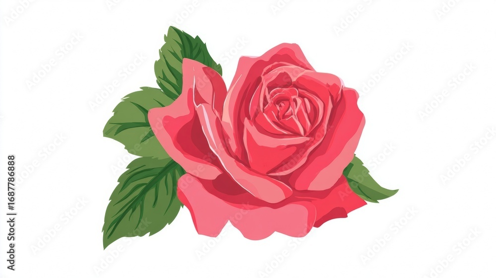 Fototapeta premium A beautiful pink rose with green leaves, isolated on a white background, symbolizing love and beauty.