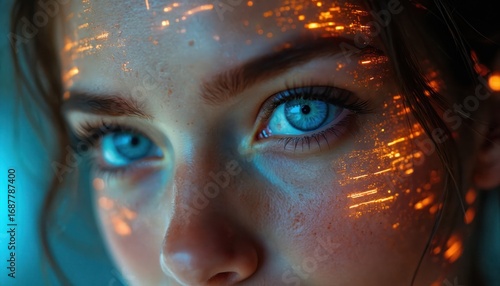Close-up on woman captivating blue eyes with futuristic digital overlay. Orange light particles dance across face, suggesting technological integration, advanced human connection. Vision of tomorrow,