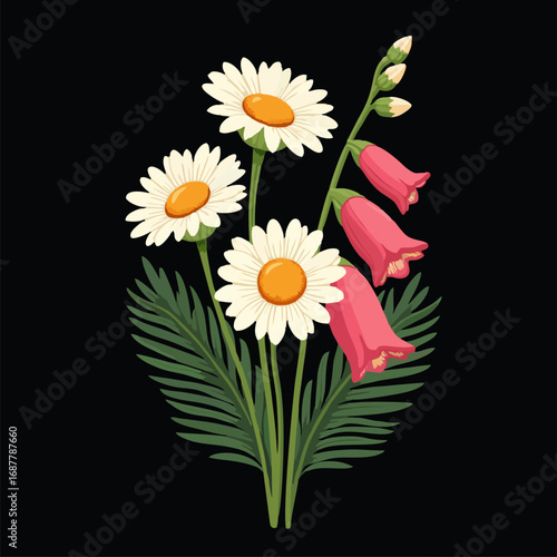 Vector chamomile, bells of foxglove flower with 
palm leaf isolated on black background. Summer print. Element of seamless fabric pattern. Floral fashion ornament for women clothing, t-shirt, textile.