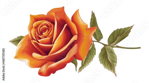 A detailed botanical illustration of a single blooming orange rose with stem and leaves, isolated on a white background.