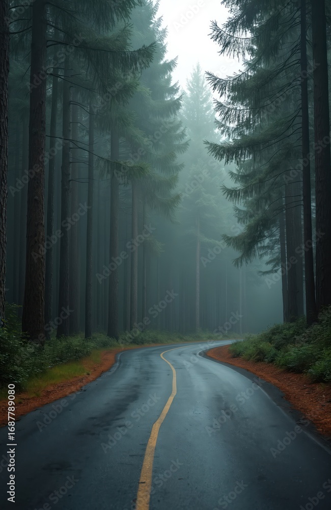Obraz premium Winding wet asphalt road through dense coniferous forest. Tall trees line path with green foliage, misty atmosphere. Bright yellow line divides dark pavement creating visual guide for journey,
