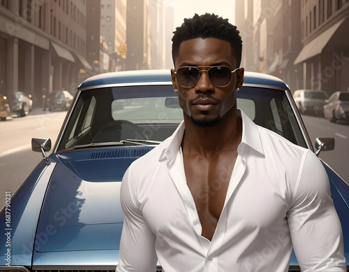 US Rap Star in front of his Retro Luxury Car in New York Manhattan