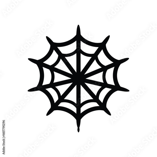 A simple black symmetrical spiderweb icon or cobweb silhouette isolated on a clean white background.