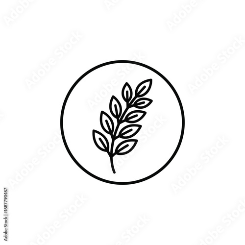 A simple black and white line drawing of a sprig of leaves inside a circle.