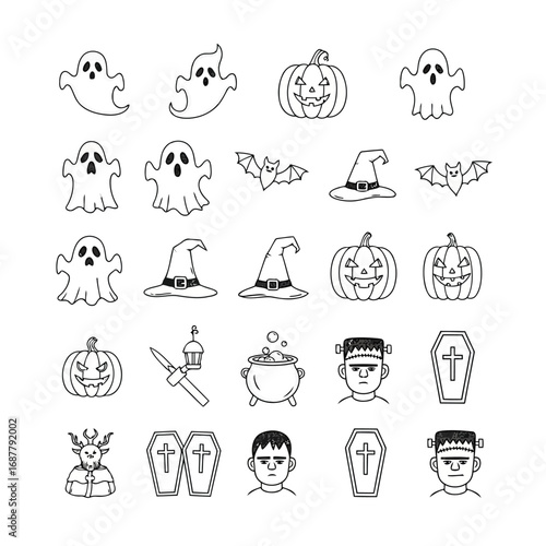 Collection of Halloween-themed line art icons, featuring ghosts, pumpkins, witches hats, bats, cauldrons, Frankenstein, and coffins.