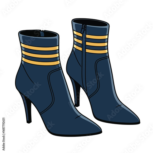 A stylish pair of dark blue high-heeled ankle boots with three horizontal yellow stripes, shown in a vector illustration style.