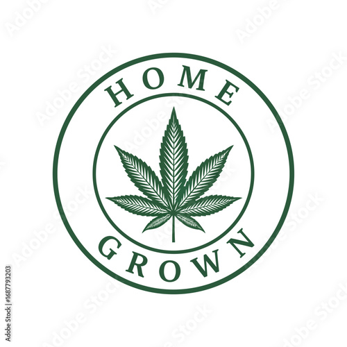 Circular logo featuring a cannabis leaf with the words "HOME GROWN" in a green color scheme.