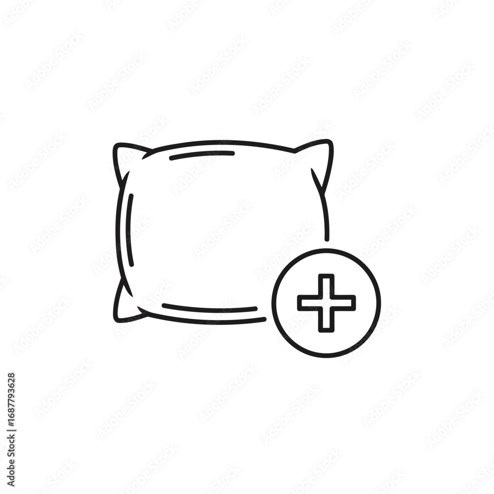 Obraz premium Line art icon of a pillow with a plus sign, indicating addition or increase.