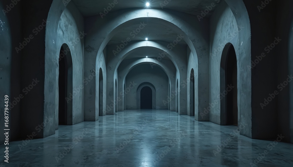 Fototapeta premium Empty, arched corridor reflecting dark, muted tones. Smooth concrete, stone architecture, minimalist modern gallery space, long perspective. Symmetric design, illuminated hall, conceptual, industrial