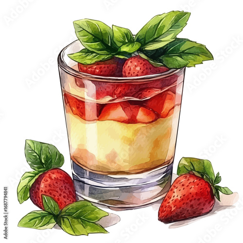 watercolor vector of Panna Cotta, isolated on a white background.