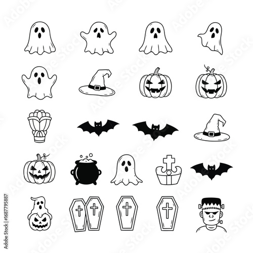 A collection of simple black and white Halloween-themed icons including ghosts, pumpkins, bats, witches hats, coffins, and Frankenstein.