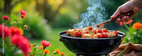 A vibrant spring scene featuring a grill sizzling with food, surrounded by blooming flowers and lush greenery Perfect for cookout, BBQ, and seasonal recipes , spatula, grill
