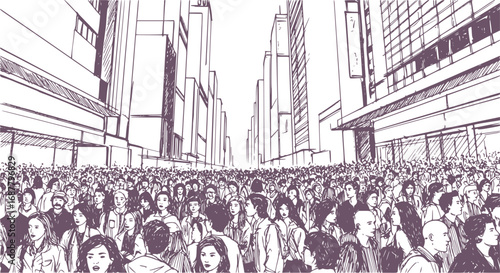 Black and White Illustration of Large Urban Crowd from Low Angle View, People Walking in City Street Gathering