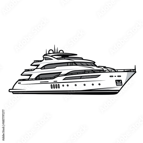 A detailed black and white vector illustration of a modern luxury superyacht, viewed from the side profile on a white background.