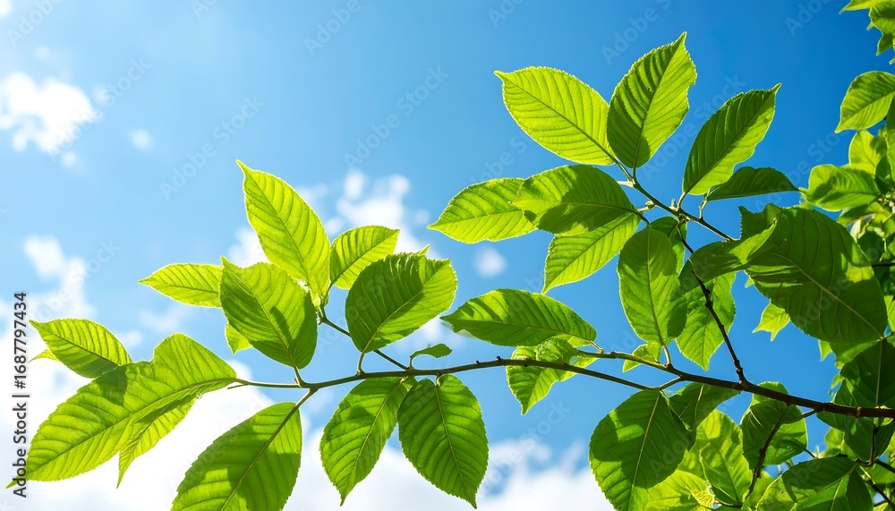Obraz premium Vibrant green leaves of a branch against a clear blue sky with fluffy white clouds, showcasing the beauty of nature.