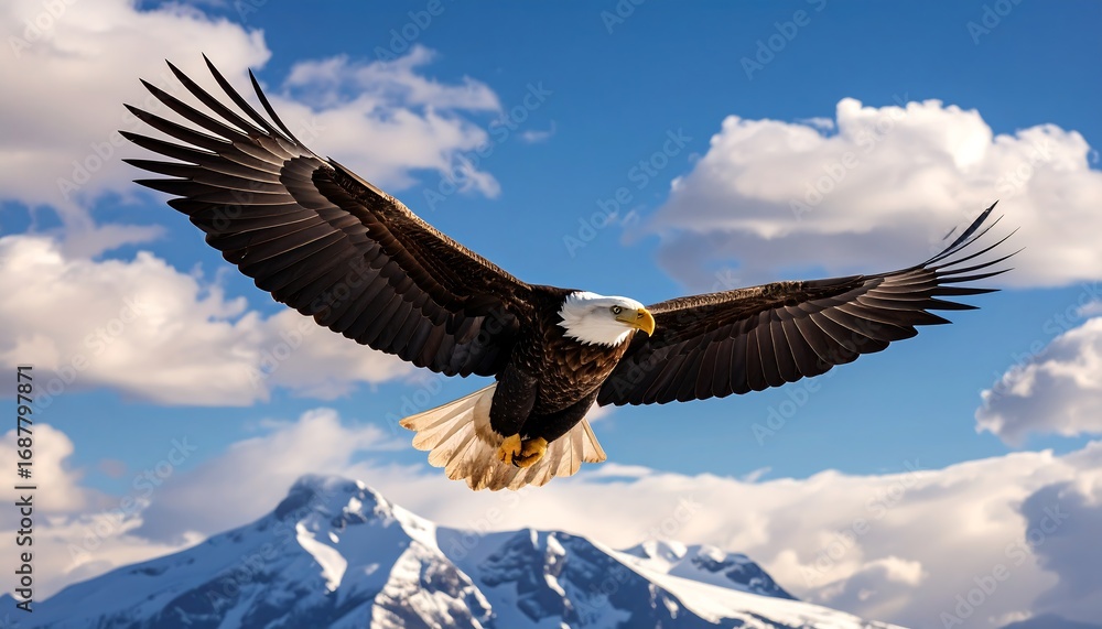 Fototapeta premium Majestic bald eagle soaring freely against a backdrop of snowy mountains and a vibrant blue sky.