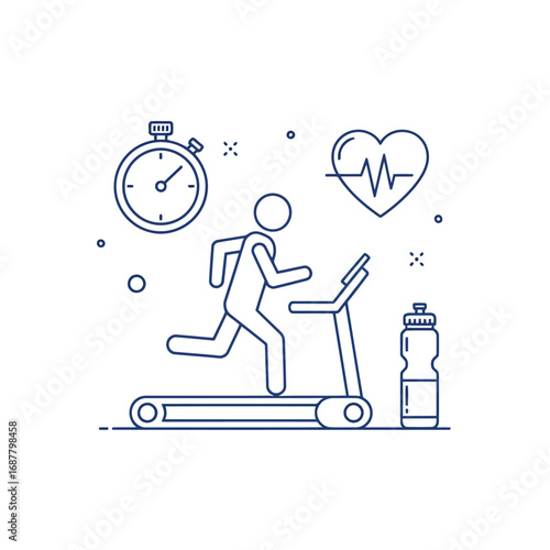 Line art illustration of a person running on a treadmill with fitness icons like a stopwatch, heart rate symbol, and water bottle.