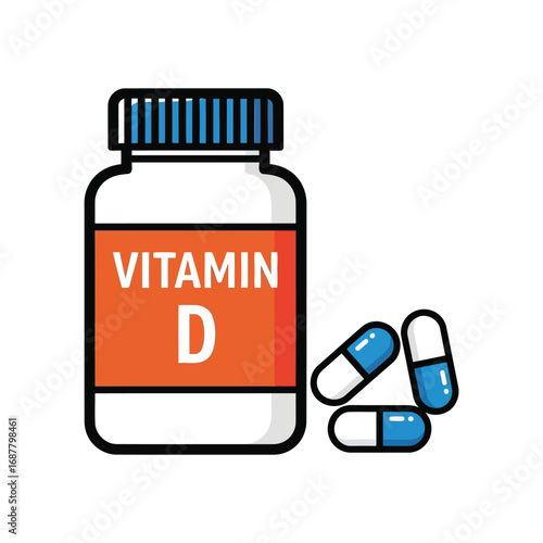 A bottle of Vitamin D supplements with three capsules next to it, presented in a simple, clean illustration style.