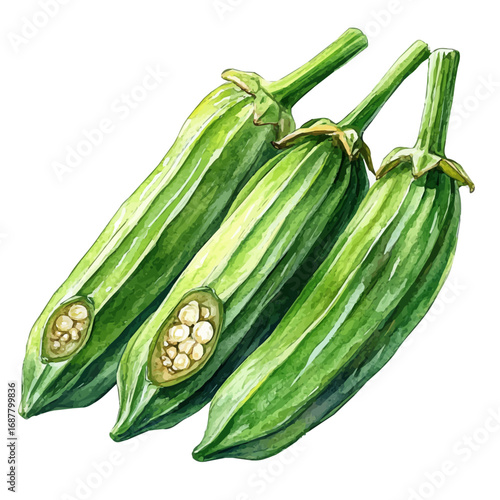 Okra, watercolor clipart vector, isolated on a white background.
