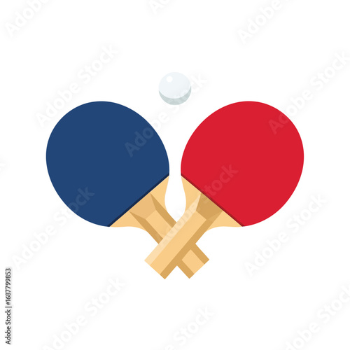 Two crossed ping pong paddles and ball.