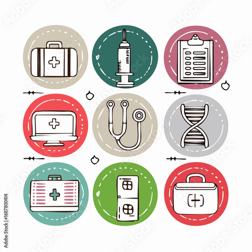 Medical equipment arranged in colorful circles representing healthcare and wellness in a clean, modern style, conveying a sense of trust and professionalism.