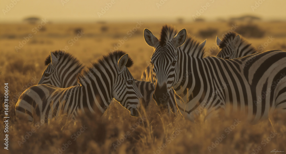 Fototapeta premium Beautiful Zebra Herd Grazing at Sunset: in the Grasslands