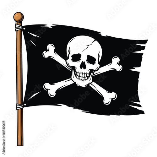Classic black pirate flag with white skull and crossbones on a wooden pole, featuring tattered edges and a menacing design.