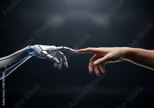 Human and Robot Hands Touching AI and Humanity Merge in a Technological Era