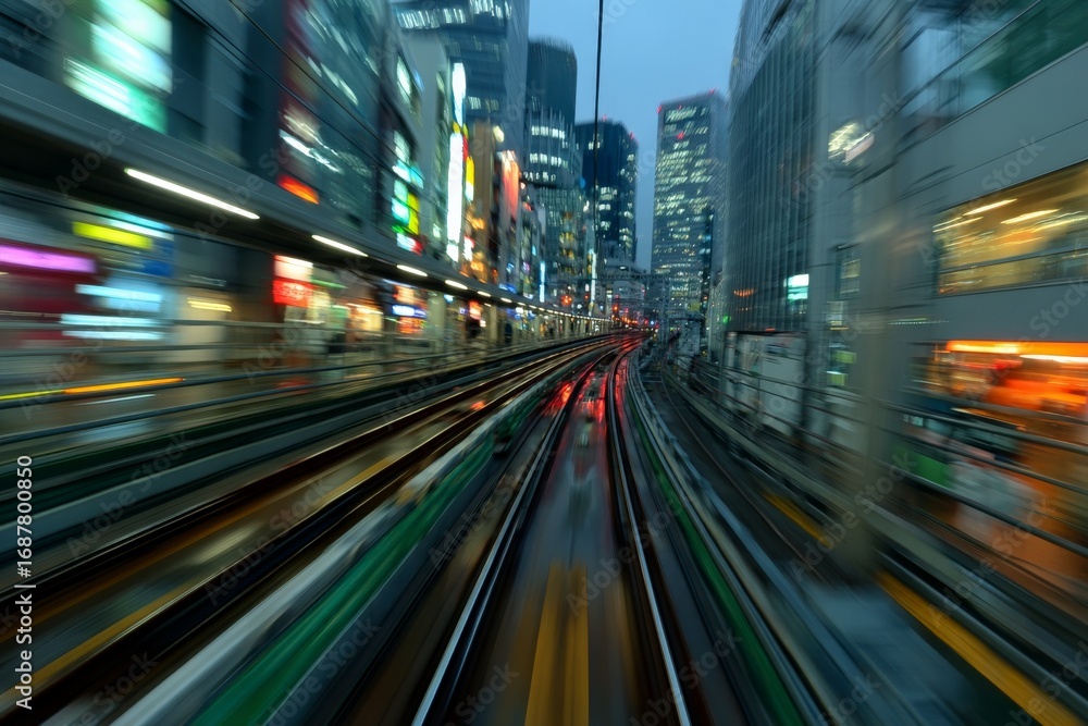 Obraz premium Rush through city lights at twilight along the busy train tracks of a vibrant urban landscape in the heart of downtown