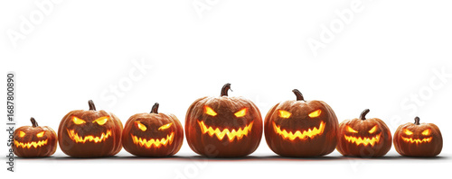 A group of eight lit spooky halloween pumpkins, Jack O Lantern with evil face and eyes isolated against a white background.
