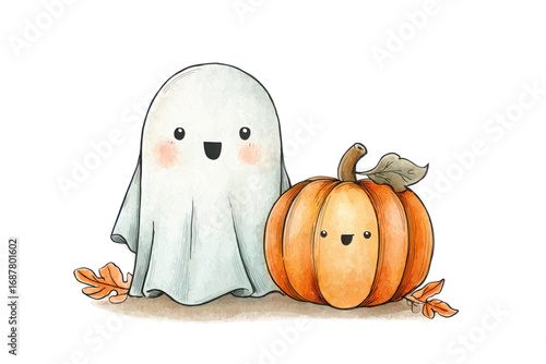 Halloween cute little ghost with jack-o-lantern pumpkins. Watercolor clipart illustration isolated on transparent background. PNG, cutout.
