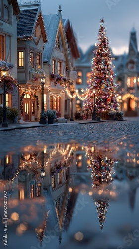Winter evening in a charming village with a festive Christmas tree and decorative lights reflected in the puddle
