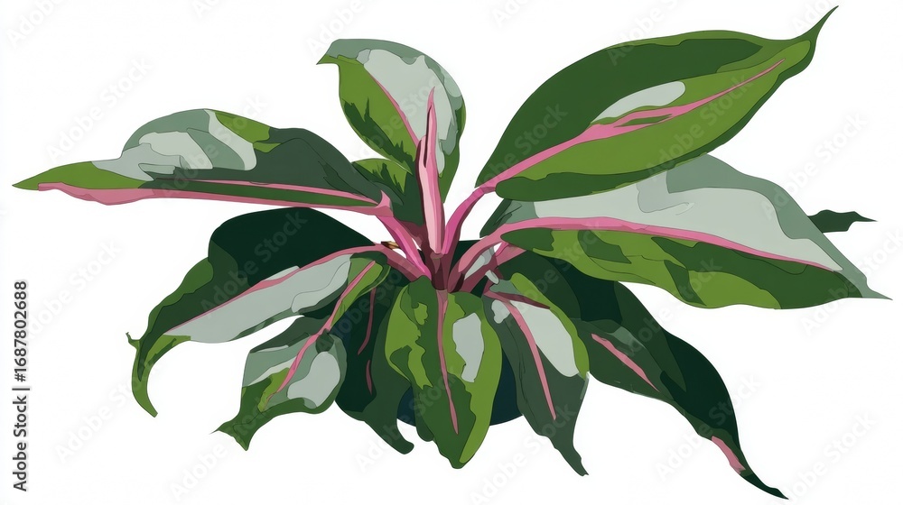 Fototapeta premium Close-up macro photography of a pink and white flower with fresh green leaves on a plant branch