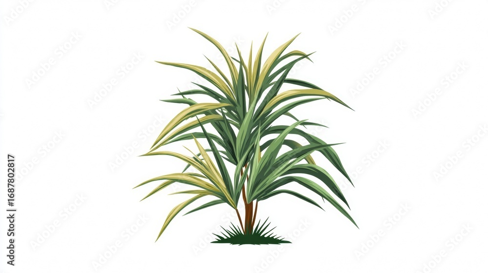 Fototapeta premium An isolated palm leaf, a tropical summer plant, and a fresh herb branch with rosemary leaves are ingredients for a garden